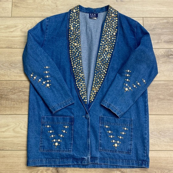 Vintage Studed‎ Denim Blazer Western Bling Country Glam Oversized - Picture 1 of 13